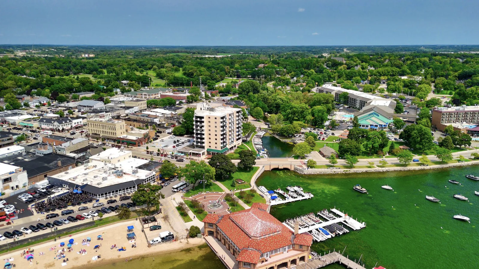 Aerial view of downtown Lake Geneva, Wisconsin and the Riviera on Geneva Lake