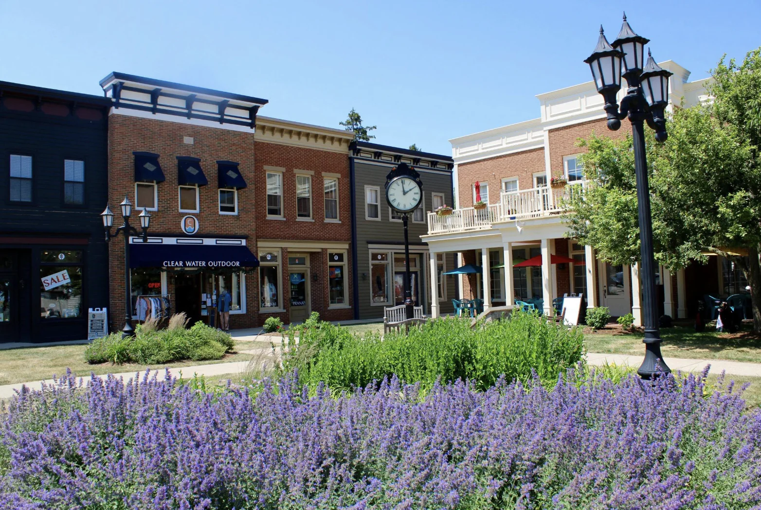 Scenic downtown street and historic storefronts in Delafield Wisconsin
