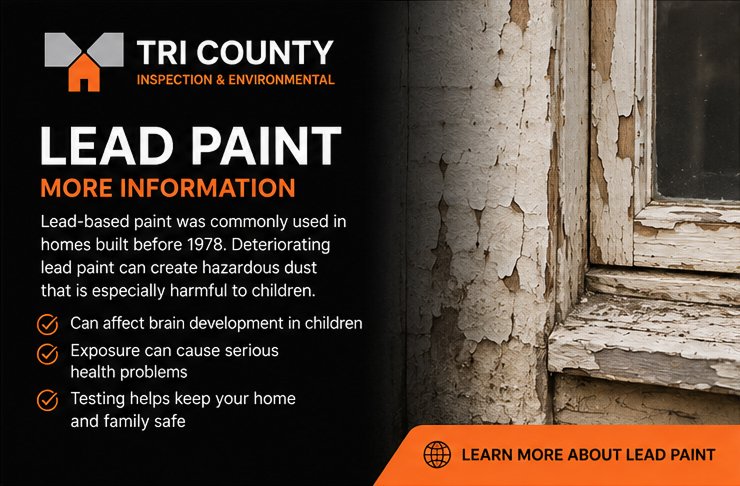 Chipped and peeling paint on an old building exterior wall text overlay reading Lead Paint More Information