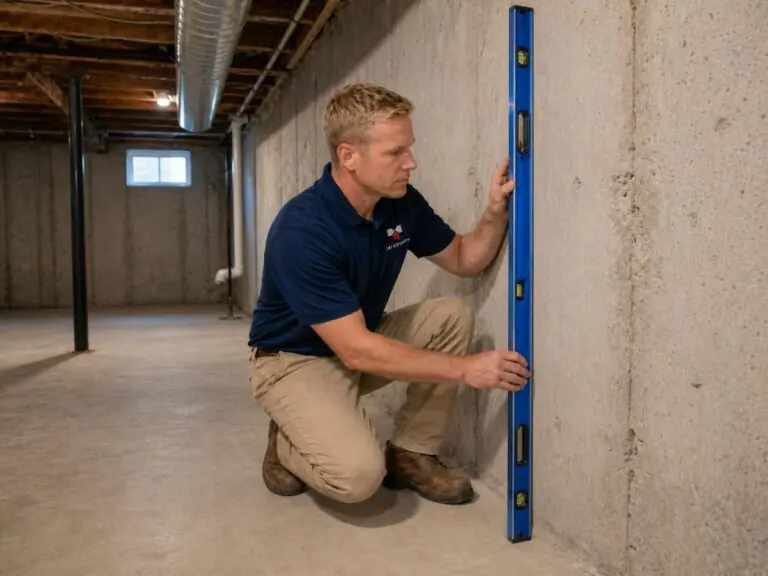 A technician setting up electronic continuous radon testing equipment on a table inside a home