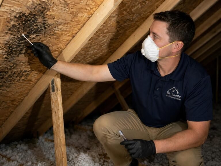 A professional inspector examining a wooden crawlspace attic ceiling for signs of mold or environmental hazards