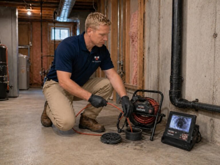 A specialized high-resolution sewer camera monitor displaying a lateral sewer line inspection