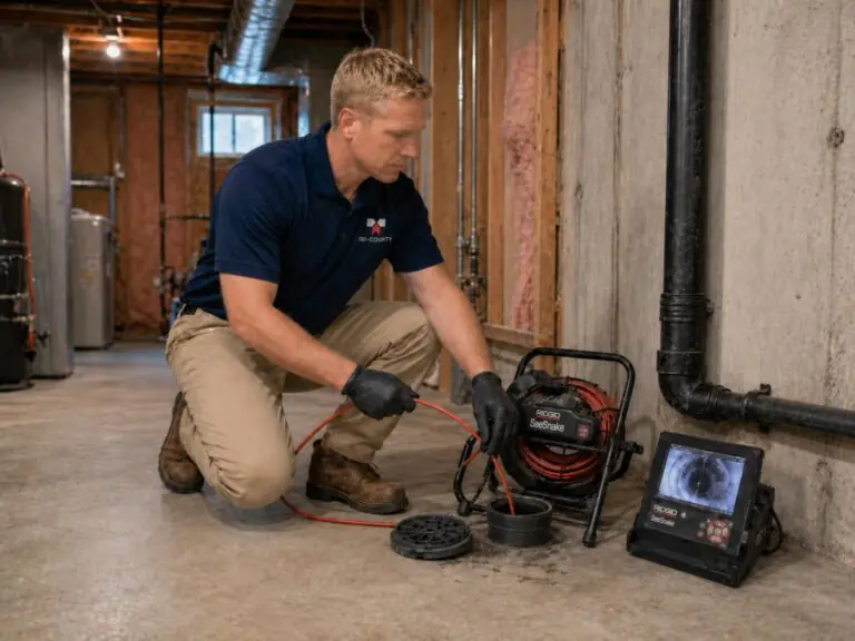 A specialized high-resolution sewer camera monitor displaying a lateral sewer line inspection