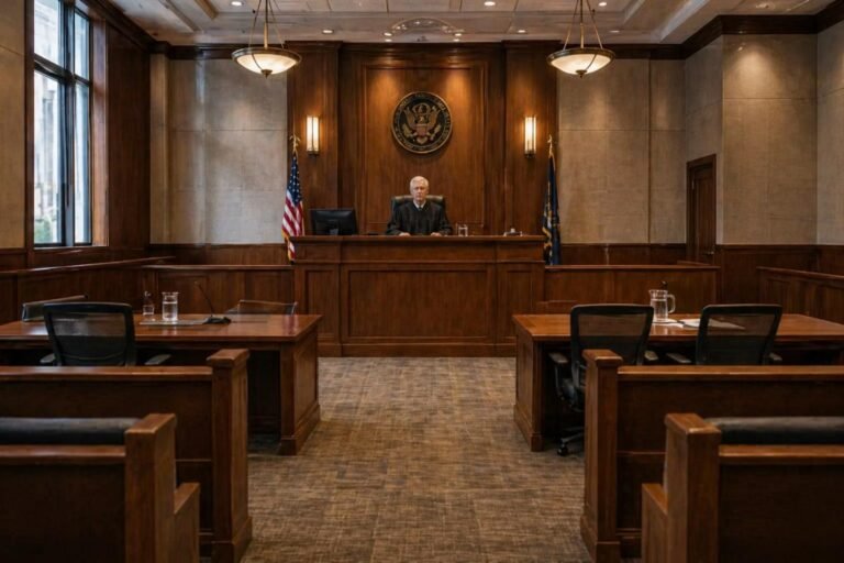 A judge presiding in a formal courtroom representing expert witness testimony for property condition litigation